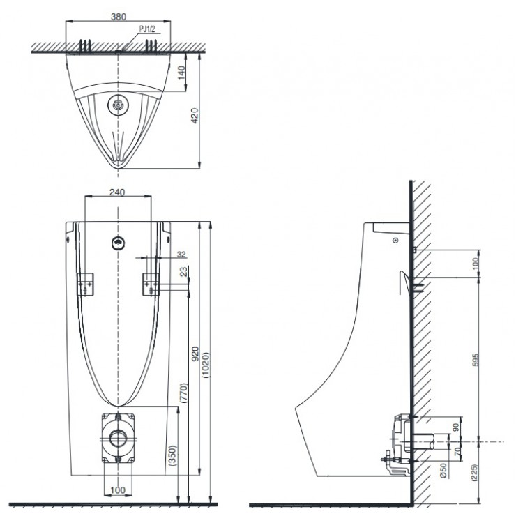 Bản vẽ kỹ thuật Bồn tiểu nam TOTO USWN900A treo tường cảm ứng