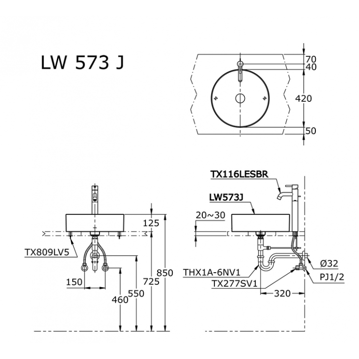 Bản vẽ kỹ thuật Lavabo chậu rửa mặt TOTO LW573JW đặt bàn