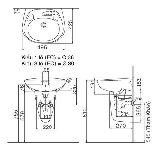 Lavabo chậu rửa mặt INAX L-284V treo tường + chân ngắn (L284V)