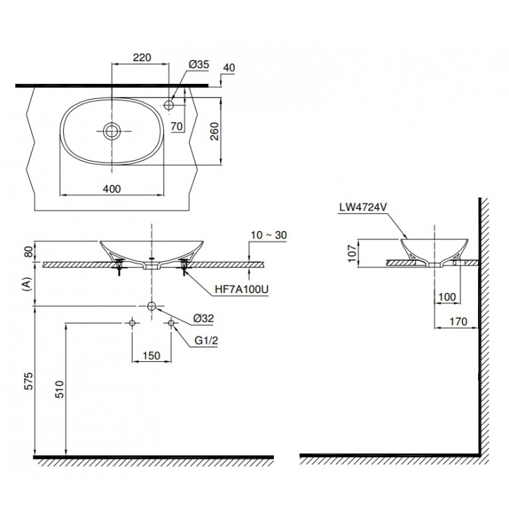 Bản vẽ kỹ thuật Lavabo chậu rửa mặt Toto LT4724 đặt bàn