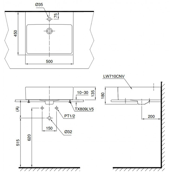 Bản vẽ kỹ thuật Lavabo chậu rửa mặt Toto LT710CTR#W đặt bàn