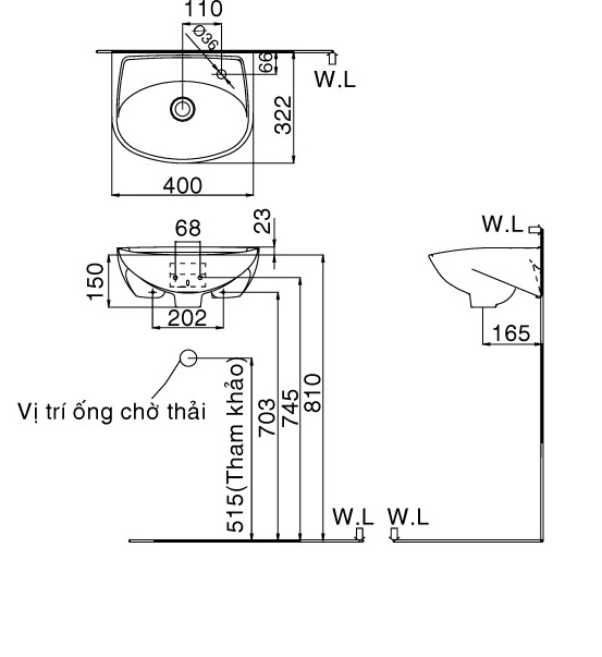 Bản vẽ kỹ thuật Lavabo chậu rửa mặt Inax L-280V treo tường (L280V)