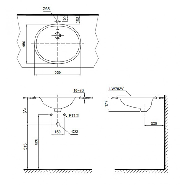 Bản vẽ kỹ thuật Lavabo chậu rửa mặt Toto L762#XW bán âm sứ chống bám bẩn