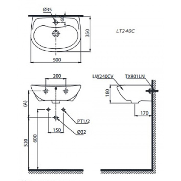 Bản vẽ kỹ thuật Lavabo chậu rửa mặt TOTO LT240CS#W treo tường