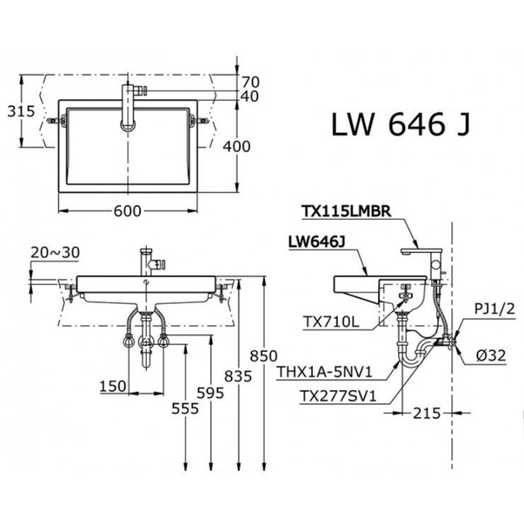 Bản vẽ kỹ thuật Lavabo chậu rửa mặt TOTO LW646JW bán âm: