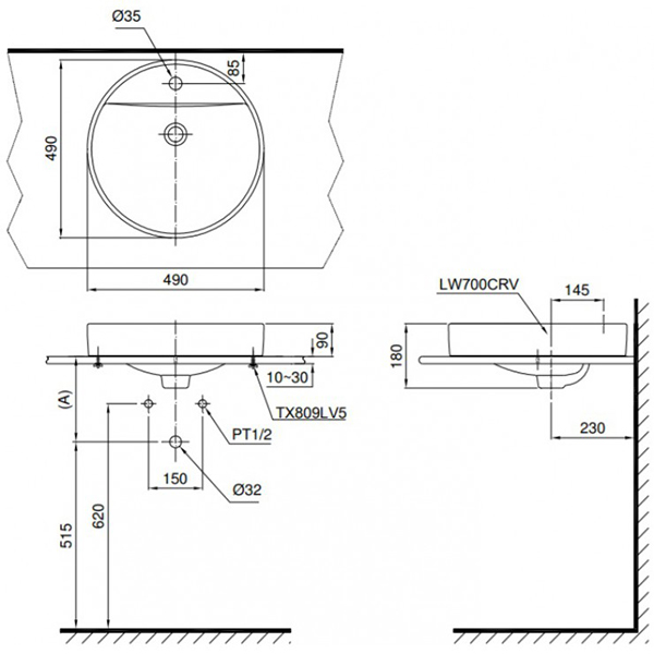 Bản vẽ kỹ thuật Lavabo chậu rửa mặt TOTO LT700CTR#W đặt bàn