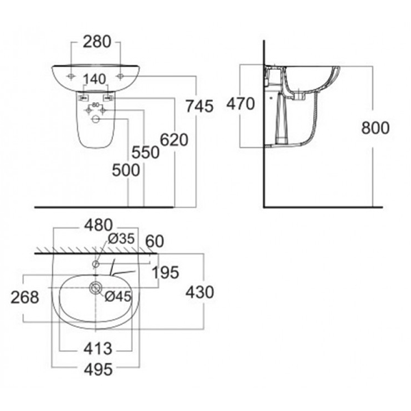 Bản vẽ Lavabo chậu rửa mặt American Standard VF-0947 treo tường + chân ngắn VF-0741