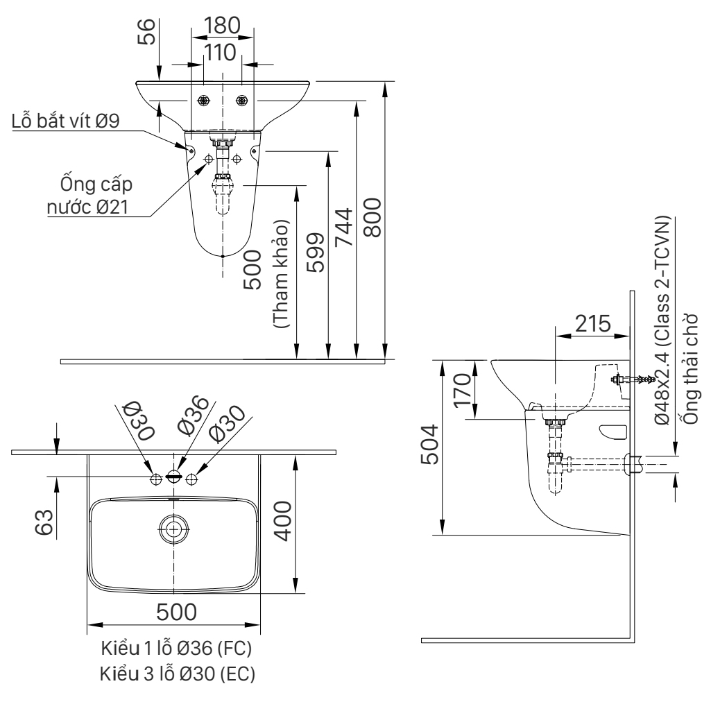 Lavabo chậu rửa mặt Inax AL-289V treo tường chân ngắn L-288VC