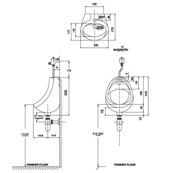 Bản vẽ kỹ thuật bồn tiểu nam American Standard VF-0414 treo tường