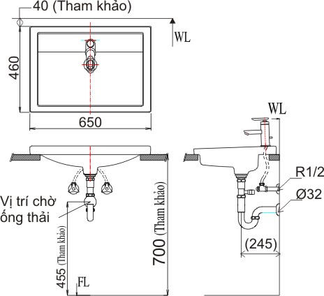 Lavabo chậu rửa mặt Inax L-2397V bán âm dương vành (L2397V)