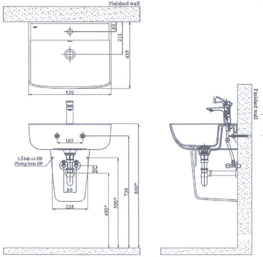 BẢn vẽ kỹ thuật Lavabo chậu rửa mặt Inax AL-312V sứ chống bám bẩn AquaCeramic (AL312V)