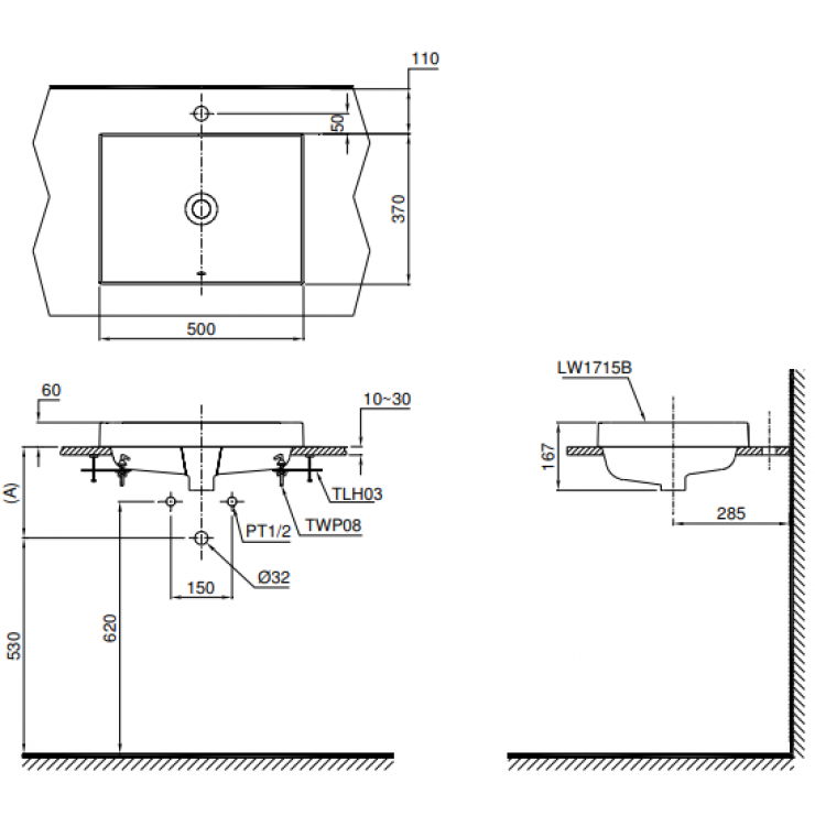 Bản vẽ kỹ thuật Lavabo chậu rửa mặt Toto L1715#W đặt bàn: