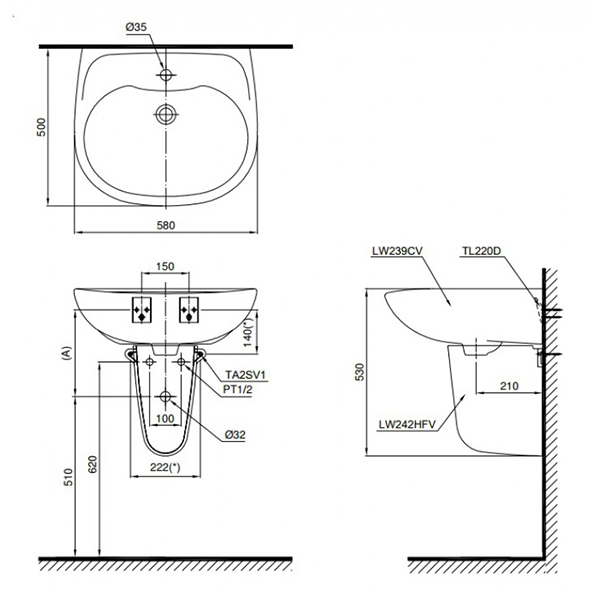 Bản vẽ kỹ thuật Lavabo chậu rửa mặt TOTO LHT239CR#W treo tường chân ngắn