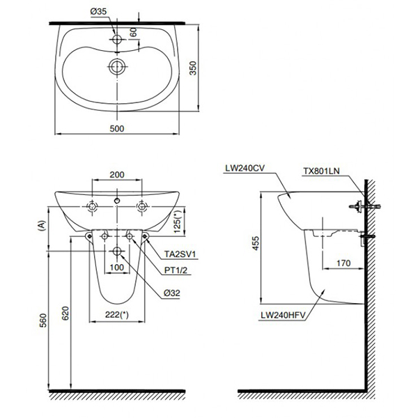 Bản vẽ kỹ thuật Lavabo chậu rửa mặt TOTO LHT240CS#W treo tường chân ngắn