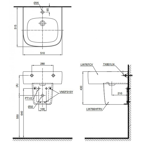 Bản vẽ kỹ thuật Lavabo chậu rửa mặt TOTO LHT766CR#XW treo tường chân ngắn sứ chống bám bẩn