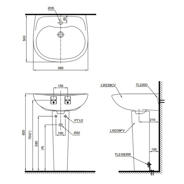 Bản vẽ kỹ thuật Lavabo chậu rửa mặt TOTO LPT239CR#W treo tường chân dài