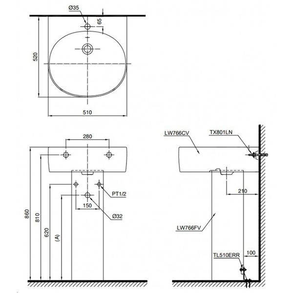 Lavabo chậu rửa mặt TOTO LPT766C#XW treo tường chân dài sứ chống bám bẩn