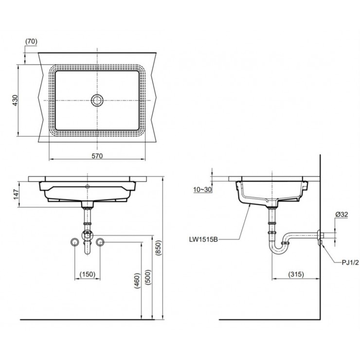 Bản vẽ Lavabo chậu rửa mặt TOTO LW1535V âm bàn