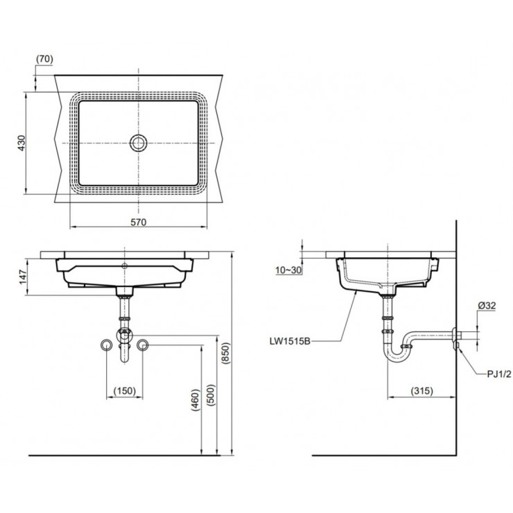 Bản vẽ Lavabo chậu rửa mặt Toto LW1535V âm bàn