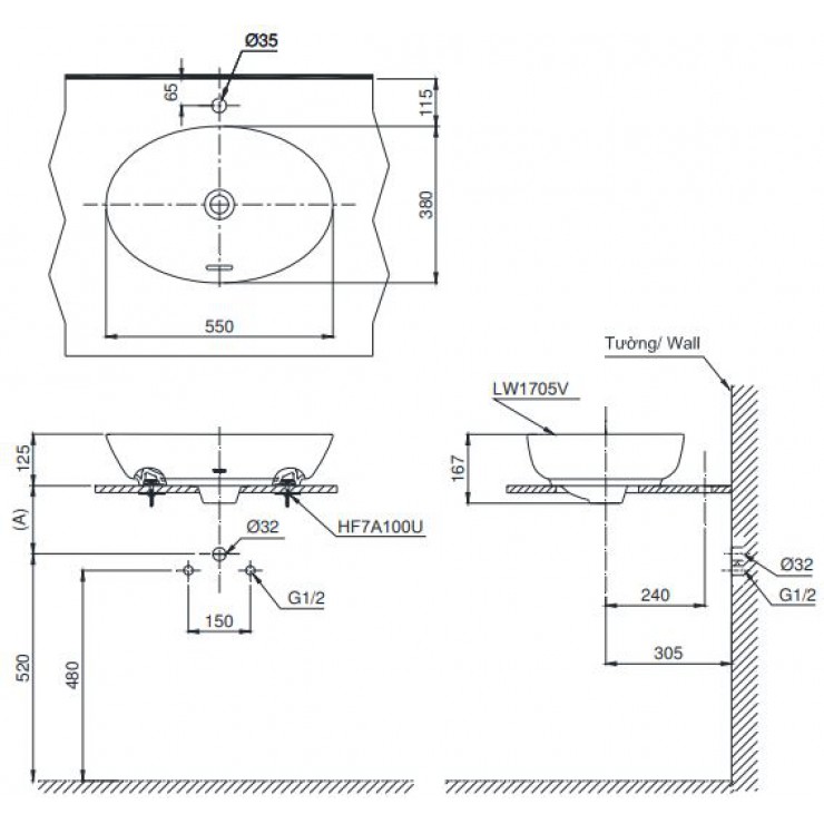 Bản vẽ kỹ thuật Lavabo chậu rửa mặt TOTO LT1735 đặt bàn