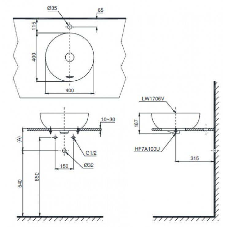 Bản vẽ kỹ thuật Lavabo chậu rửa mặt Toto LT1706 đặt bàn