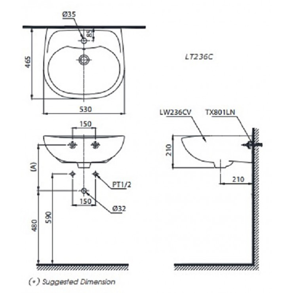 Bản vẽ kỹ thuật Lavabo chậu rửa mặt TOTO LHT236CS#W treo tường chân ngắn