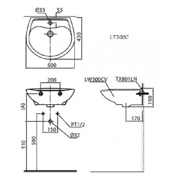 Bản vẽ kỹ thuật Lavabo chậu rửa mặt Toto LT300C#W treo tường