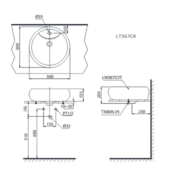 Bản vẽ kỹ thuật Lavabo chậu rửa mặt TOTO LT367CR#XW đặt bàn sứ chống bám bẩn