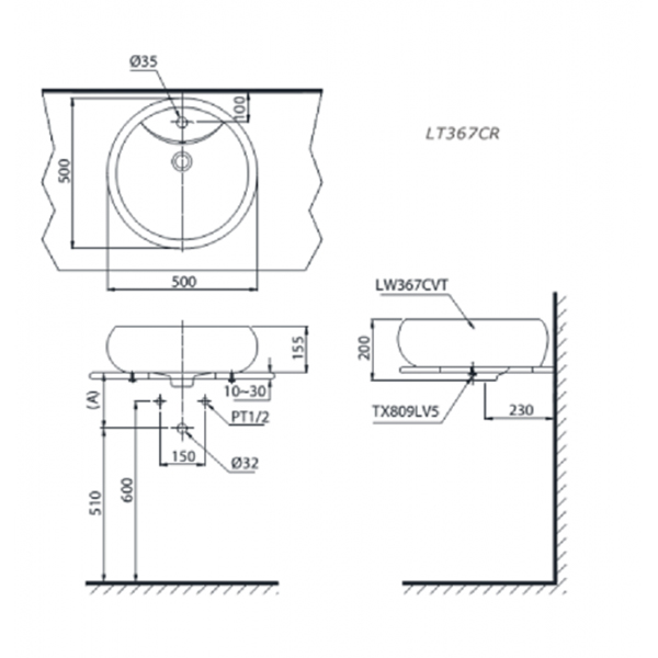 Bản vẽ kỹ thuật Lavabo chậu rửa mặt Toto LT367CR#XW đặt bàn sứ chống bám bẩn