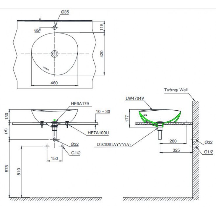 Bản vẽ kỹ thuật Lavabo chậu rửa mặt TOTO LT4704MTG17 đặt bàn