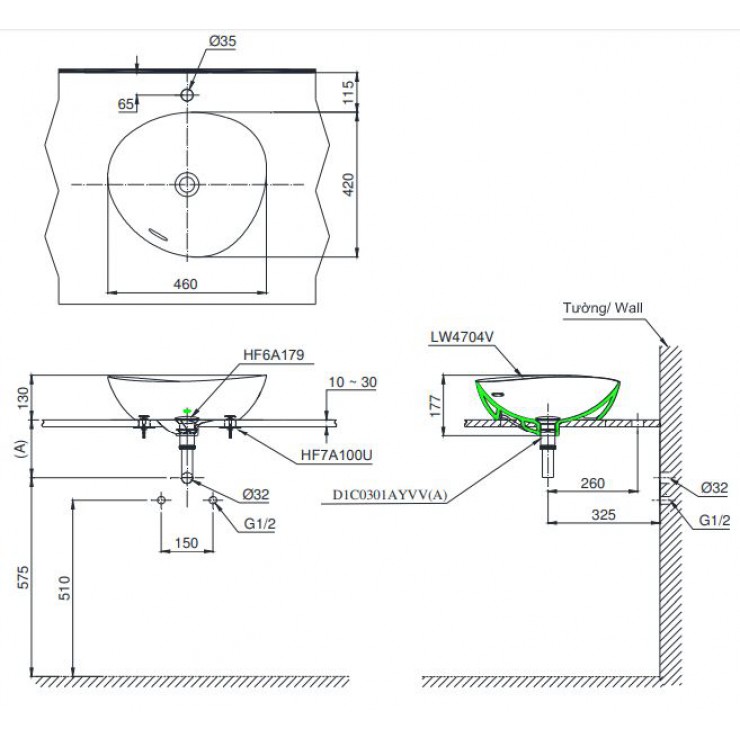 Bản vẽ kỹ thuật Lavabo chậu rửa mặt Toto LT4704G19 đặt bàn