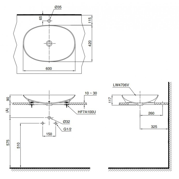 Bản vẽ kỹ thuật Lavabo chậu rửa mặt TOTO LT4706 đặt bàn