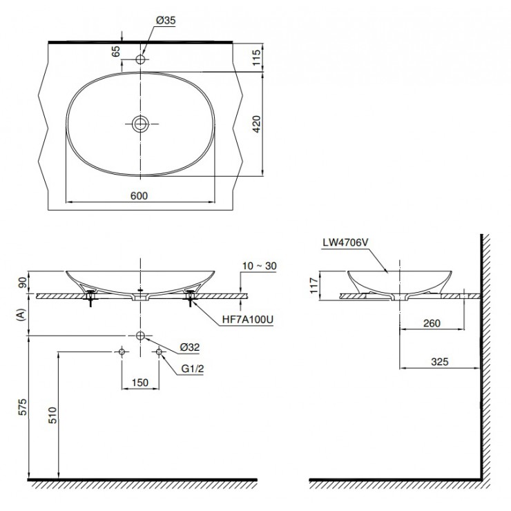 Bản vẽ kỹ thuật Lavabo chậu rửa mặt Toto LT4706 đặt bàn