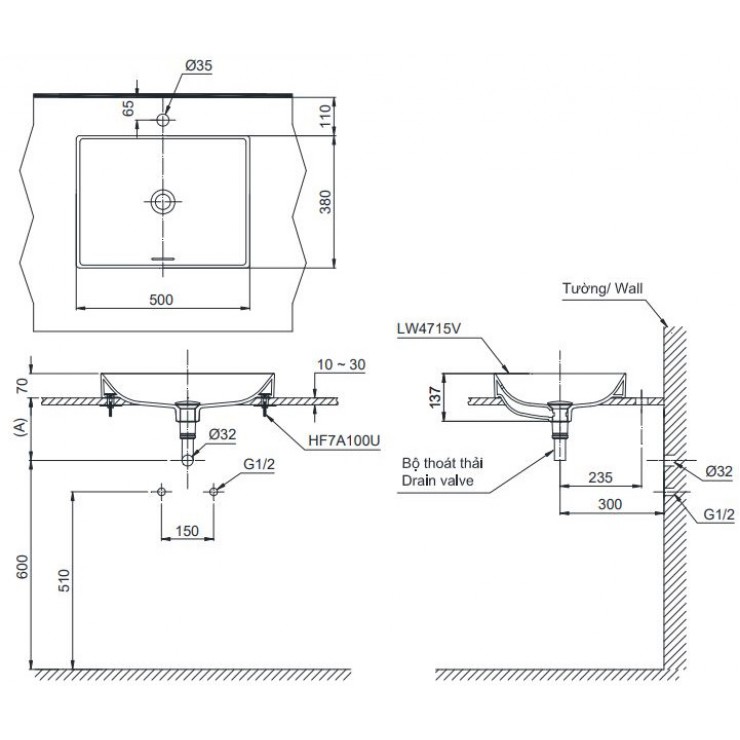 Bản vẽ kỹ thuật Lavabo chậu rửa mặt TOTO LT4715G17 đặt bàn