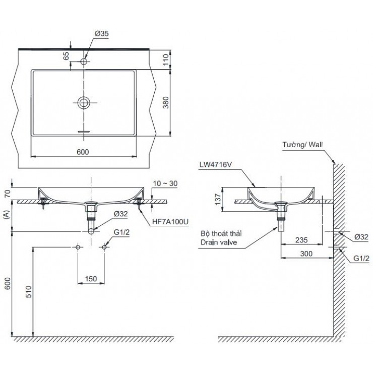 Bản vẽ kỹ thuật Lavabo chậu rửa mặt Toto LT4716G17 đặt bàn