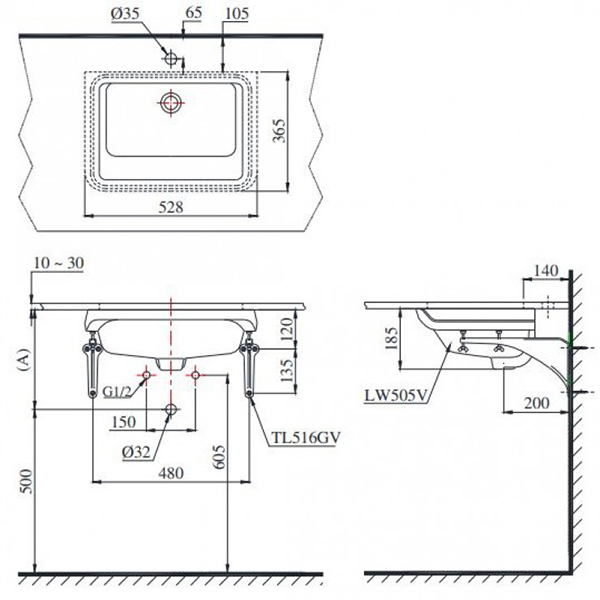 Bản vẽ kỹ thuật Lavabo chậu rửa mặt Toto LT505T#XW âm bàn sứ chống bám bẩn