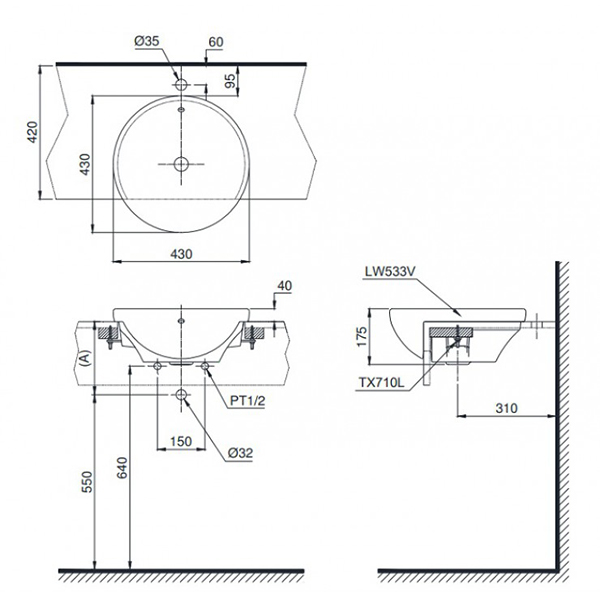 Bản vẽ kỹ thuật Lavabo chậu rửa mặt Toto LT533R#XW bán âm sứ chống bám bẩn