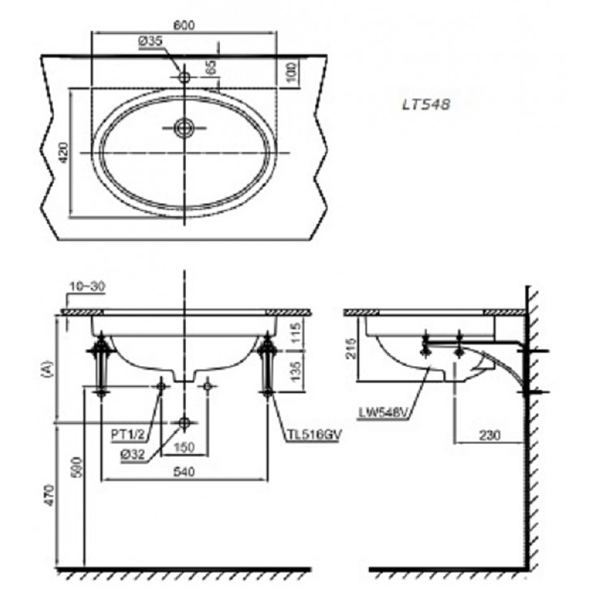 Bản vẽ Lavabo chậu rửa mặt Toto LT548#XW âm bàn sứ chống bám bẩn