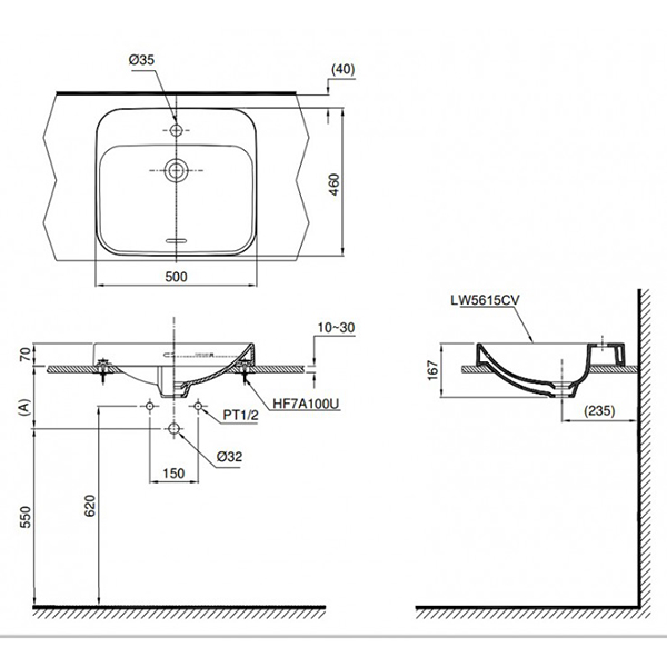 Bản vẽ kỹ thuật Lavabo chậu rửa mặt Toto LT5615C#XW đặt bàn sứ chống bám bẩn