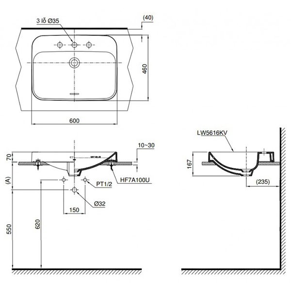 Bản vẽ kỹ thuật Lavabo chậu rửa mặt Toto LT5616C#XW đặt bàn sứ chống bám bẩn