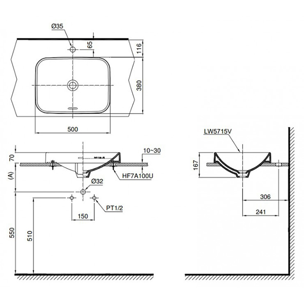 Bản vẽ kỹ thuật Lavabo chậu rửa mặt Toto LT5715#XW đặt bàn sứ chống bám bẩn