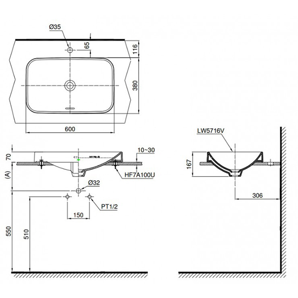 Bản vẽ kỹ thuật Lavabo chậu rửa mặt Toto LT5716#XW đặt bàn sứ chống bám bẩn