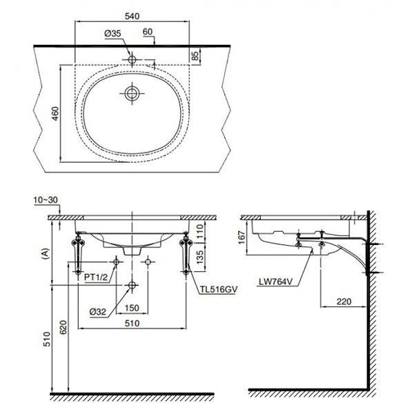 Bản vẽ kỹ thuật Lavabo chậu rửa mặt Toto LT764#XW âm bàn sứ chống bám bẩn