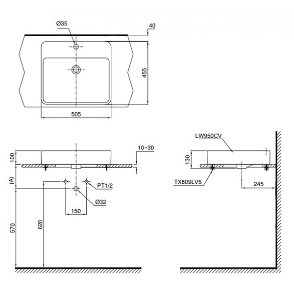 Bản vẽ kỹ thuật Lavabo chậu rửa mặt Toto LT951C#XW đặt bàn: