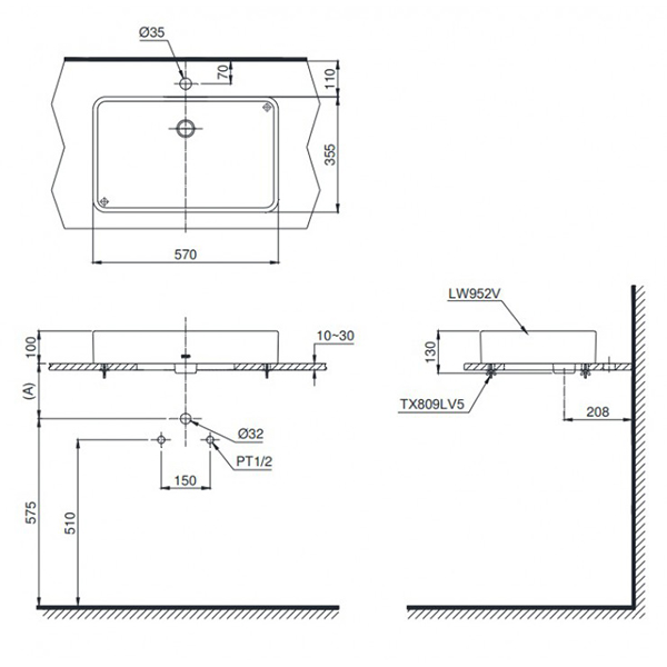 Bản vẽ kỹ thuật Lavabo chậu rửa mặt TOTO LT952#XW đặt bàn