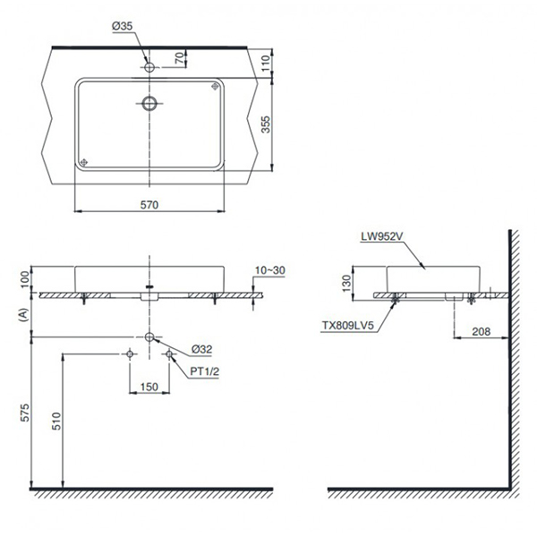 Bản vẽ kỹ thuật Lavabo chậu rửa mặt Toto LT952#XW đặt bàn