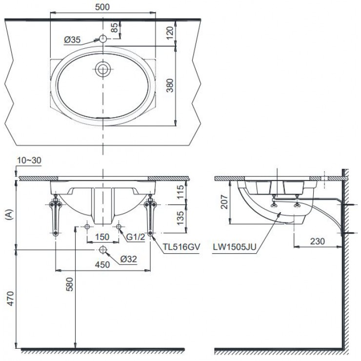 Bản vẽ Lavabo chậu rửa mặt Toto LW1505V âm bàn