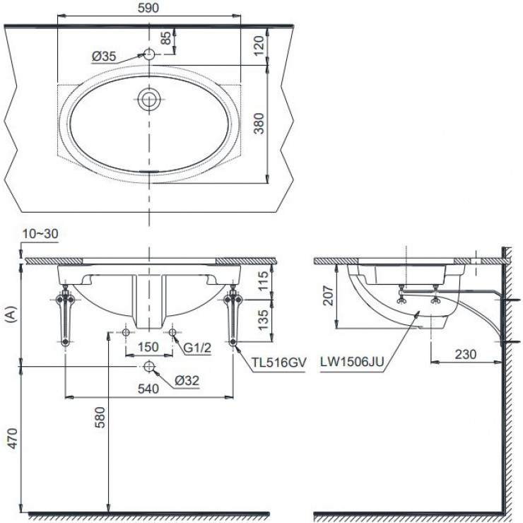 Bản vẽ Lavabo chậu rửa mặt TOTO LW1506V âm bàn