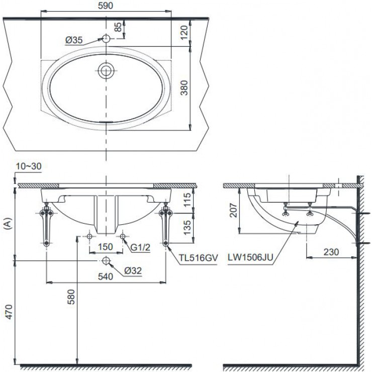 Bản vẽ Lavabo chậu rửa mặt Toto LW1506V âm bàn