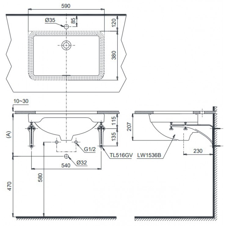 Bản vẽ Lavabo chậu rửa mặt Toto LW1536V âm bàn: